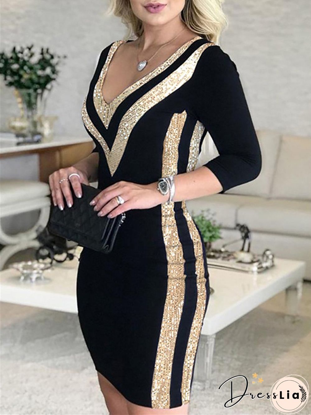 Fashion Mid-sleeve Sexy V-neck Striped Long Sleeve Party Dress