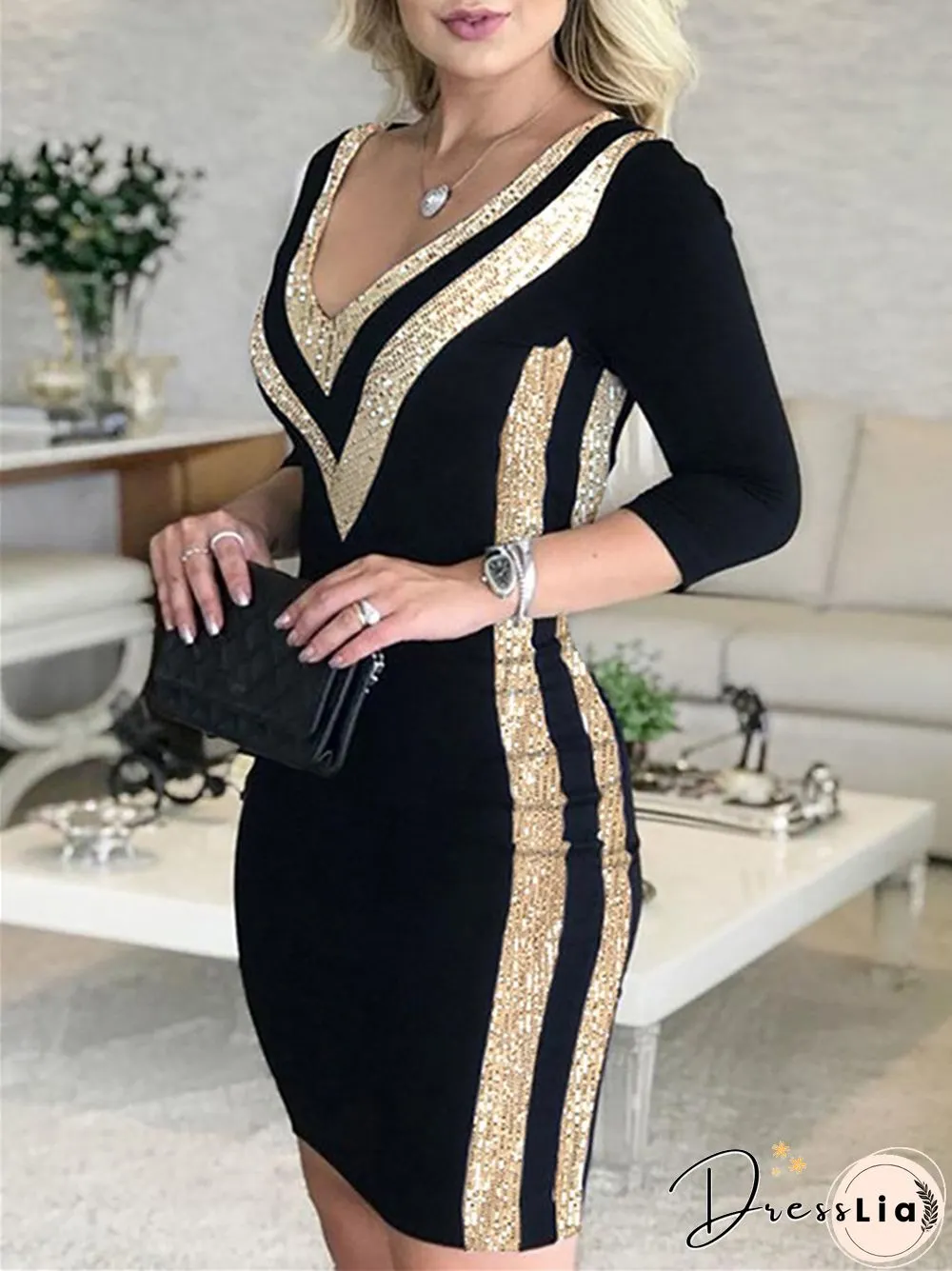 Fashion Mid-sleeve Sexy V-neck Striped Long Sleeve Party Dress