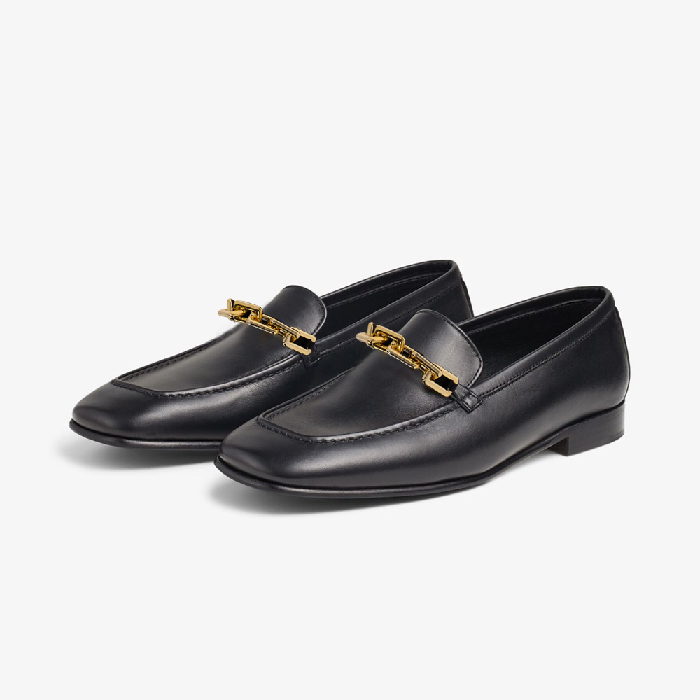 Black Vegan Leather Closed Square Toe Flat Oxford Shoes with Chain Nicepairs