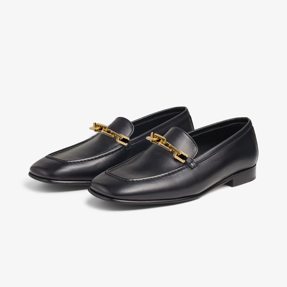 Black Leather Closed Square Toe Chain Flat Oxford Shoes Nicepairs