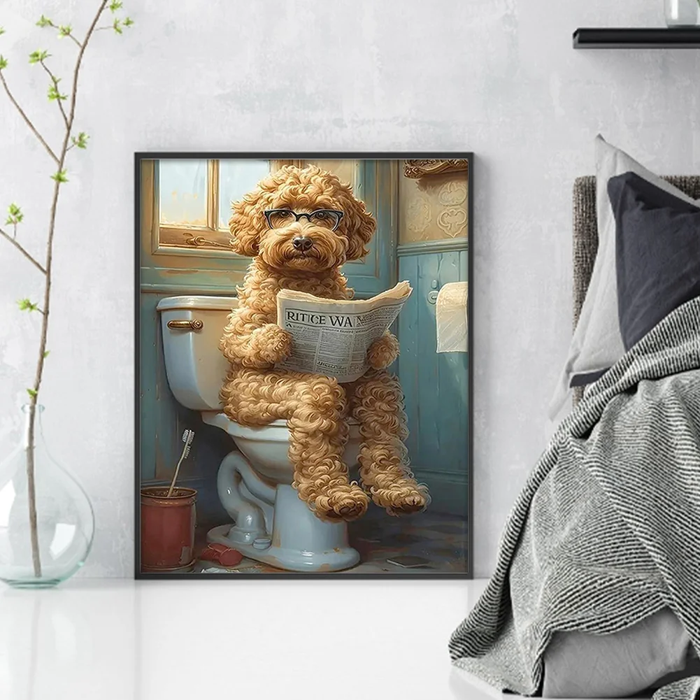 11CT Full Stamped Cross Stitch - Puppy Reading Newspaper In Toilet (40*50cm)