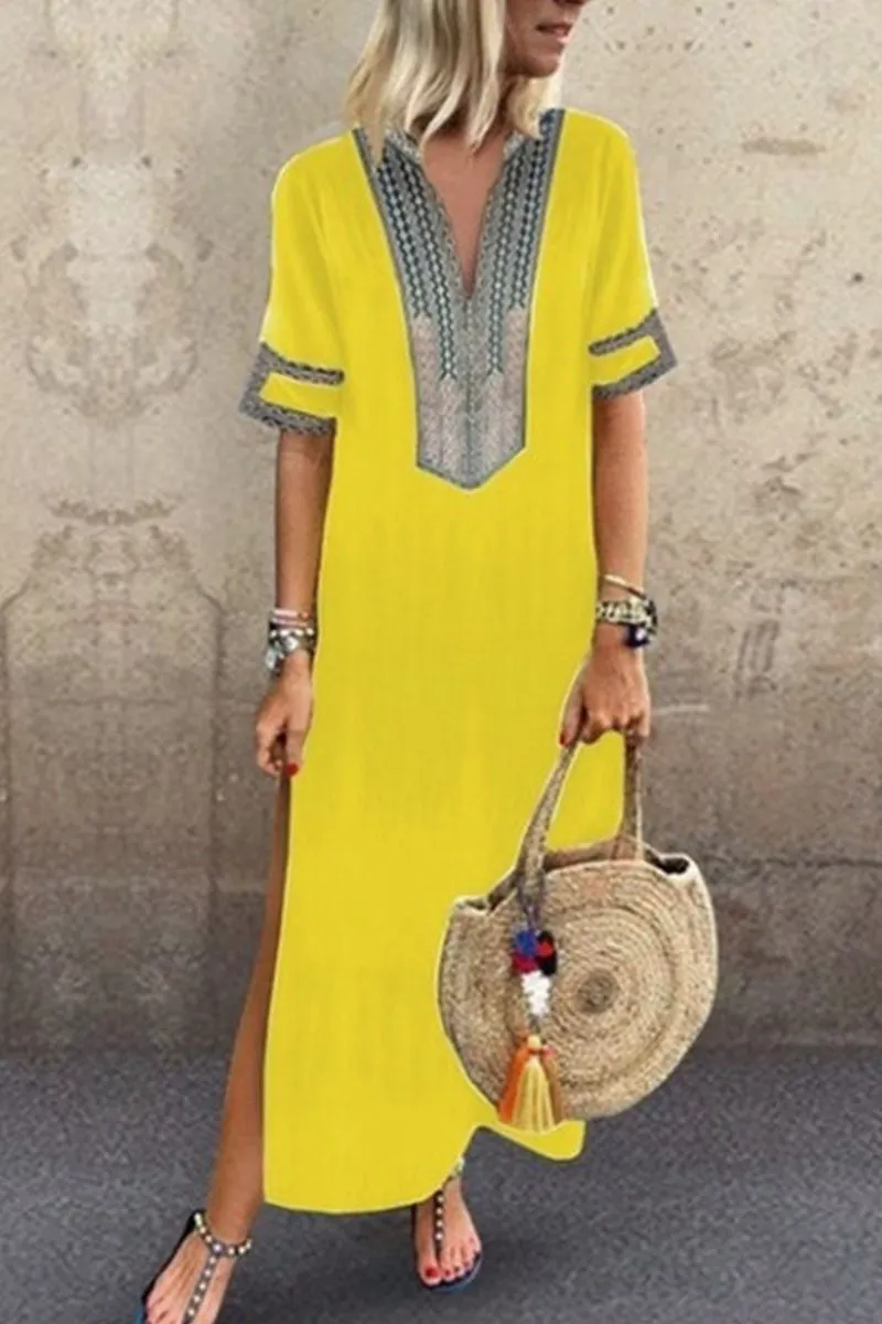 Fashion Celebrities Print Patchwork V Neck Printed Dress(6 Colors)