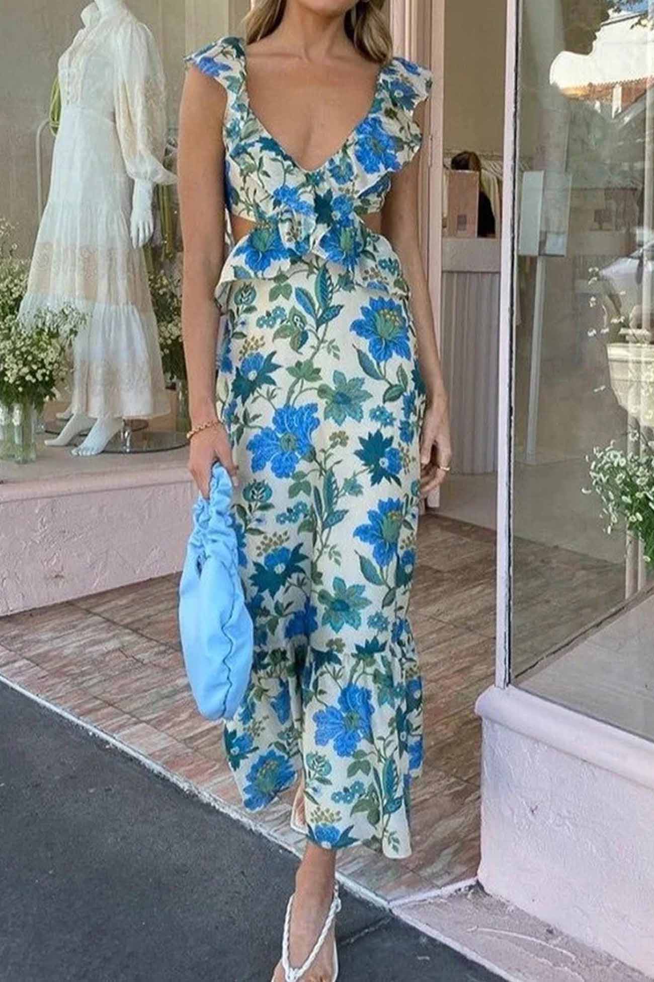 Floral Print Ruffles Slit Sleeveless  Dresses