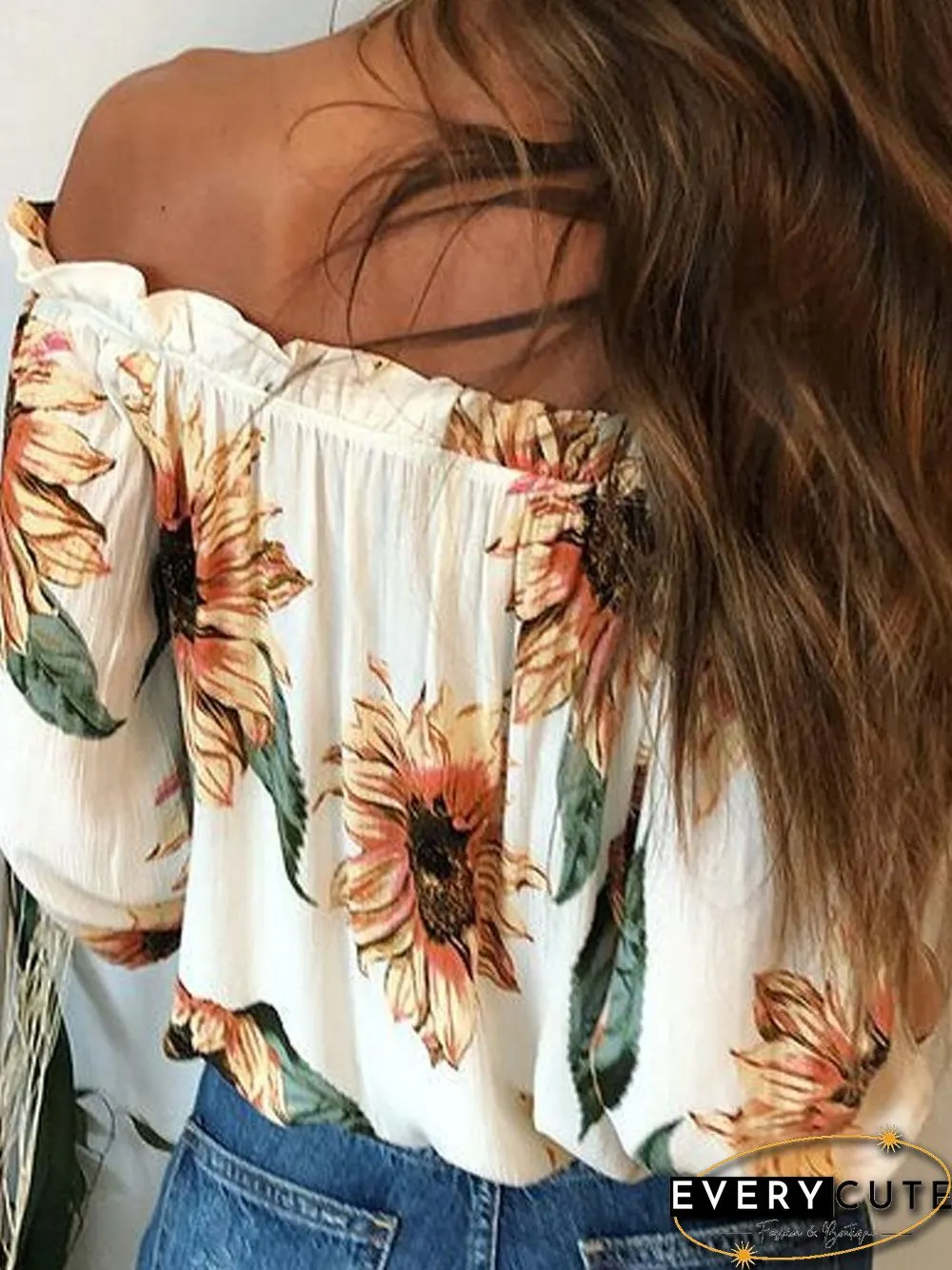 Loose One-Neck Elasticized Long Sleeve Shirt