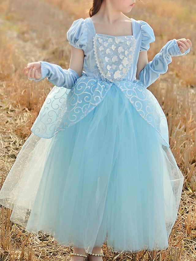 Oknass Princess Short Sleeve Square Neck Floor Length Flower Girl Dress Cotton With Beading  Appliques  Paillette