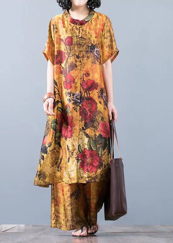 Yellow Floral Loose Silk Long Tops And Wide Leg Pants Two Pieces Set Short Sleeve
