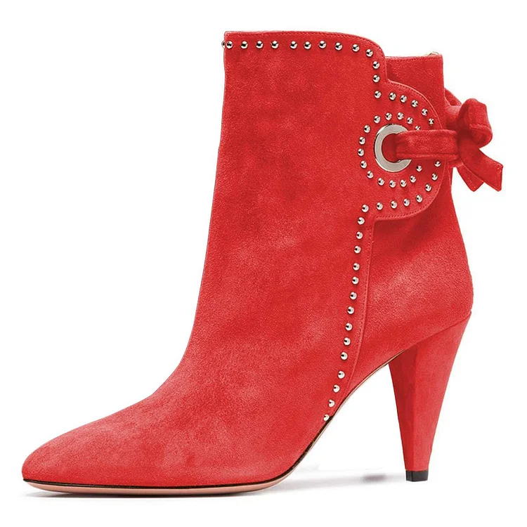Red Vegan Suede Back Laced Cone Heel Studded Ankle Boots for Women |FSJ Shoes