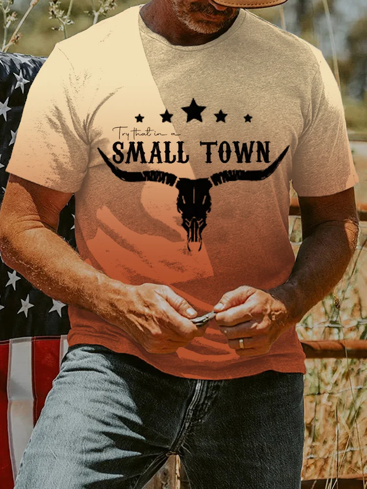 Wearshes Men's Try It In A Small Town  Bull Skull Round Neck T Shirt