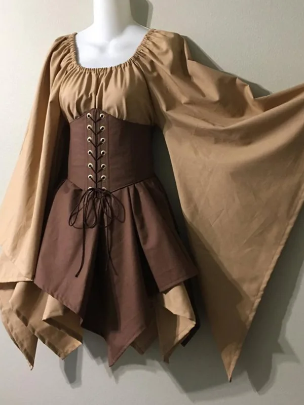 Victoria Medieval Costume Women Long Sleeve Waist Bandage Patchwork Dress