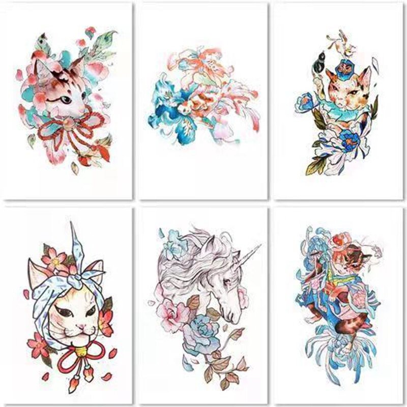 Gingf Cat Temporary Tattoo Stickers Men Women Waterproof Japanese Style Cute Art Fake Tattoo Fashion Flower Arm Tattoo Set