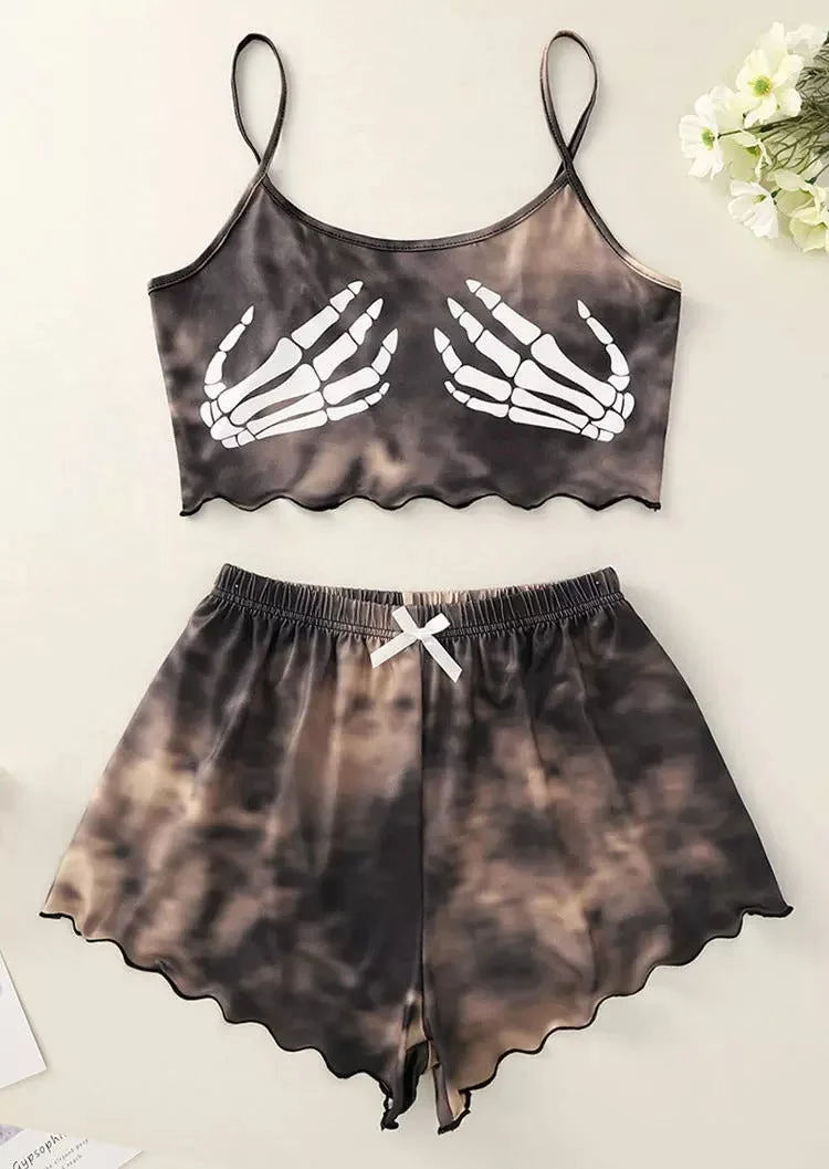 Skeleton Hand Tie Dye Camisole And Shorts Pajamas Set - Brown