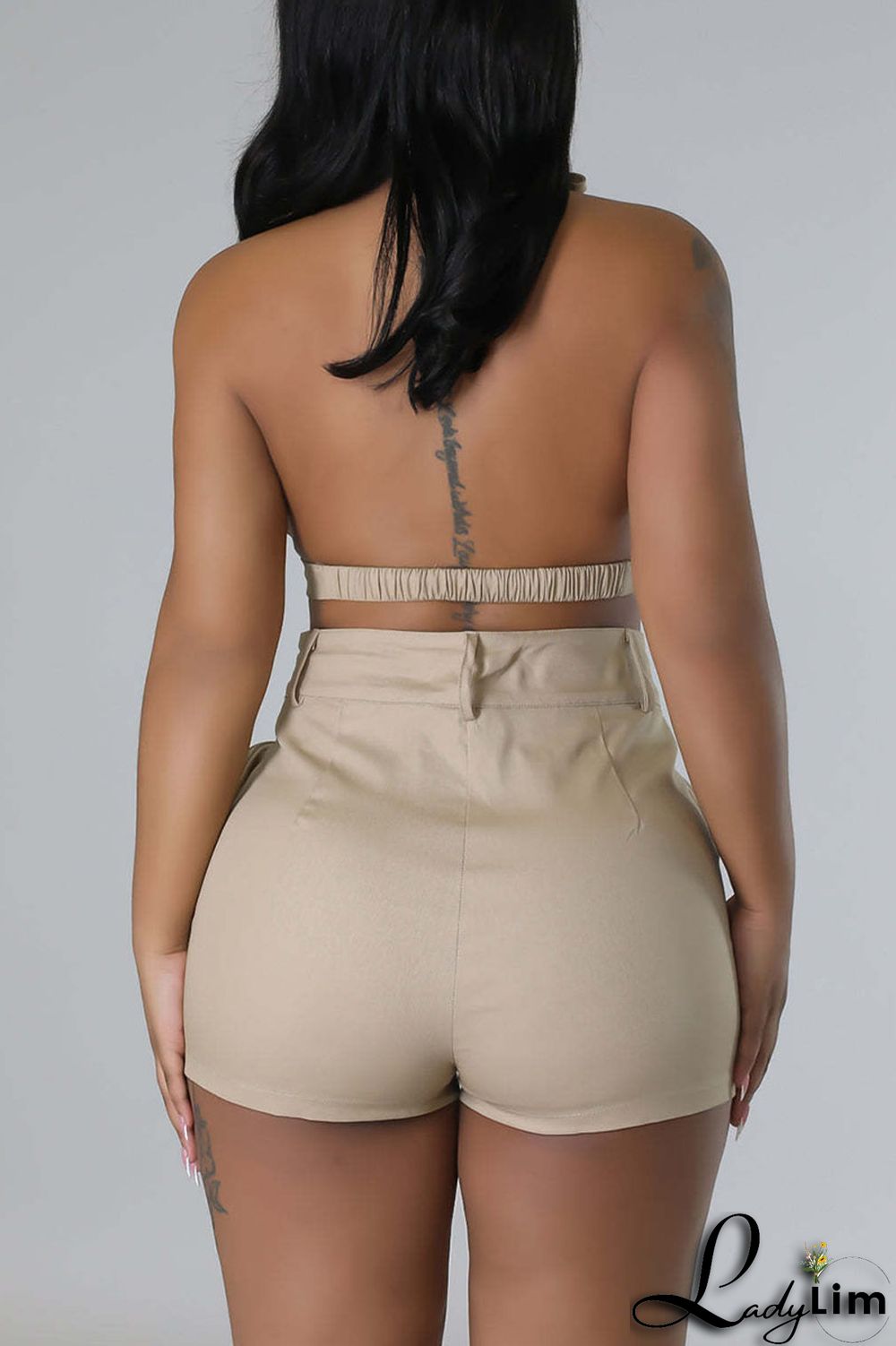 Olive Green Sexy Street Solid Patchwork Pocket Backless Sleeveless Two Pieces