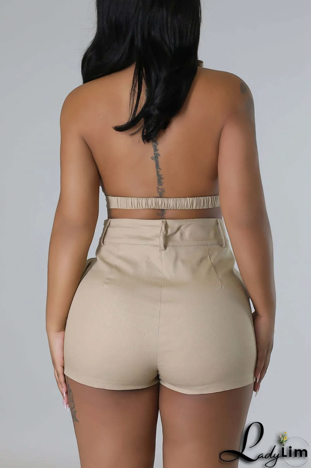 Olive Green Sexy Street Solid Patchwork Pocket Backless Sleeveless Two Pieces