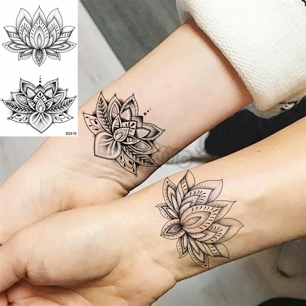 Black Pencil Sketch Henna Lotus Temporary Tattoos For Women Girls Realistic Planet Dandelion Fake Tattoo Sticker Back Arm Tatoos
