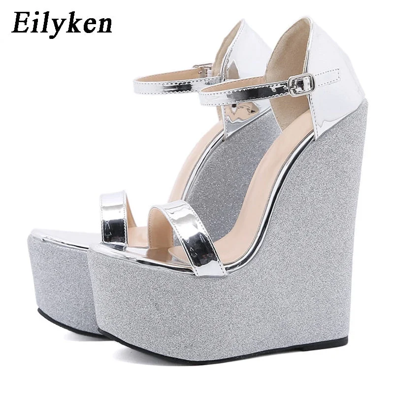 Eilyken 2022 New Summer Silver Women's High Heels Sandals Platform Buckle Wedges Front Open Toe Ladies Shoes size 35-42
