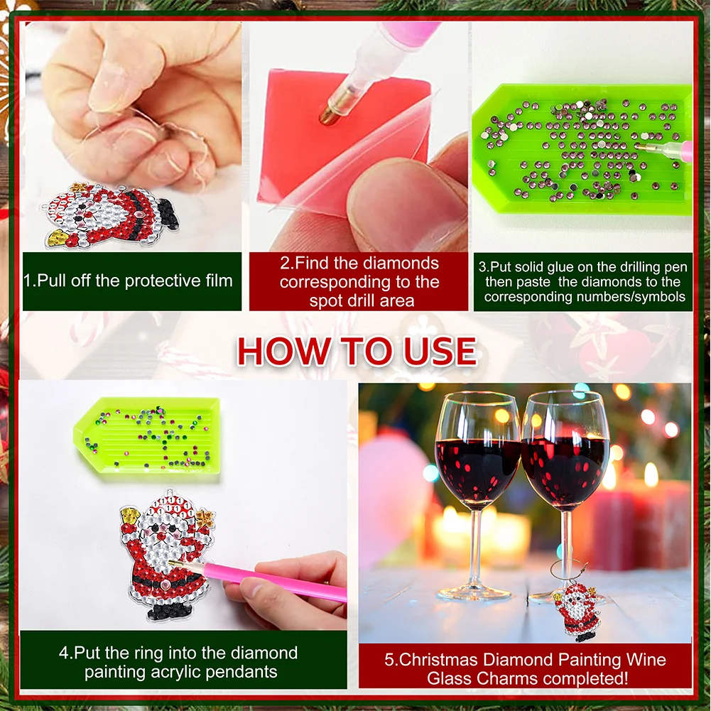 8pcs Diamond Painting Art Pendant Diamond Wine Glass Charms