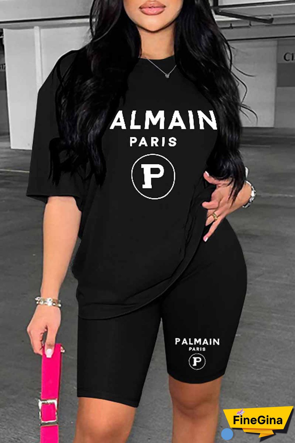 Blue Casual Print Letter O Neck Short Sleeve Two Pieces