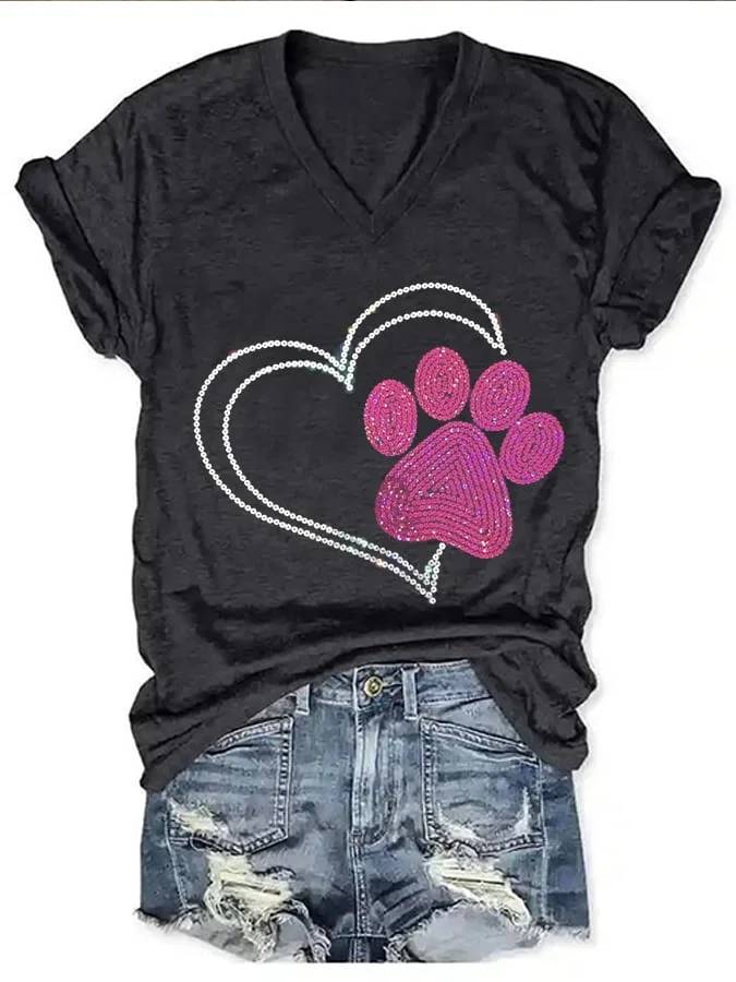 Women's Sequin Love Dog Paw Print T-Shirt