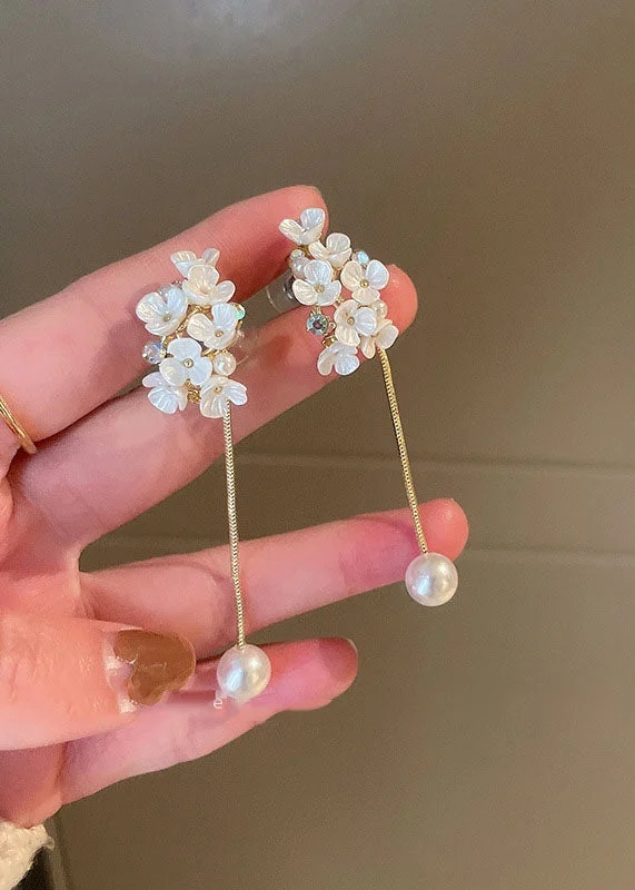 Classy White Overgild Zircon Pearl Floral Tassle Drop Earrings