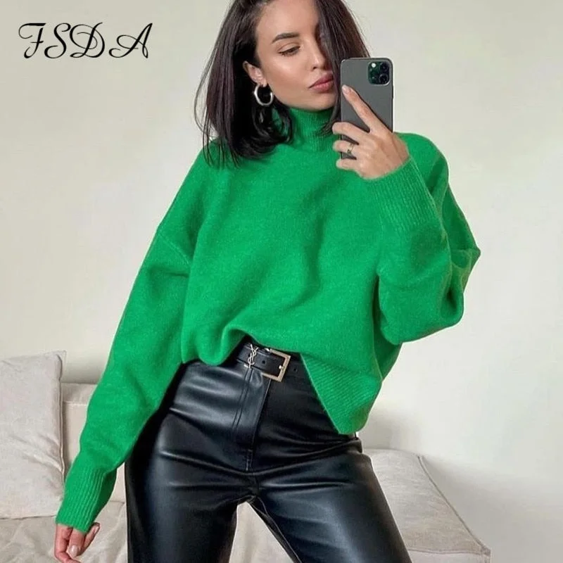 FSDA 2021 Autumn Winter Green Long Sleeve Pullover Women Knitted Green Fashion Casual Turtleneck Sweater Y2k Loose Oversized