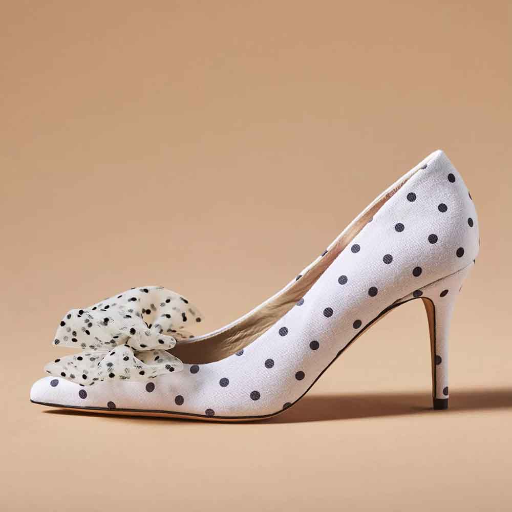 Black & White Pointed Toe 3‘’ Stiletto Heel Polka Dot Pumps with Bow Nicepairs