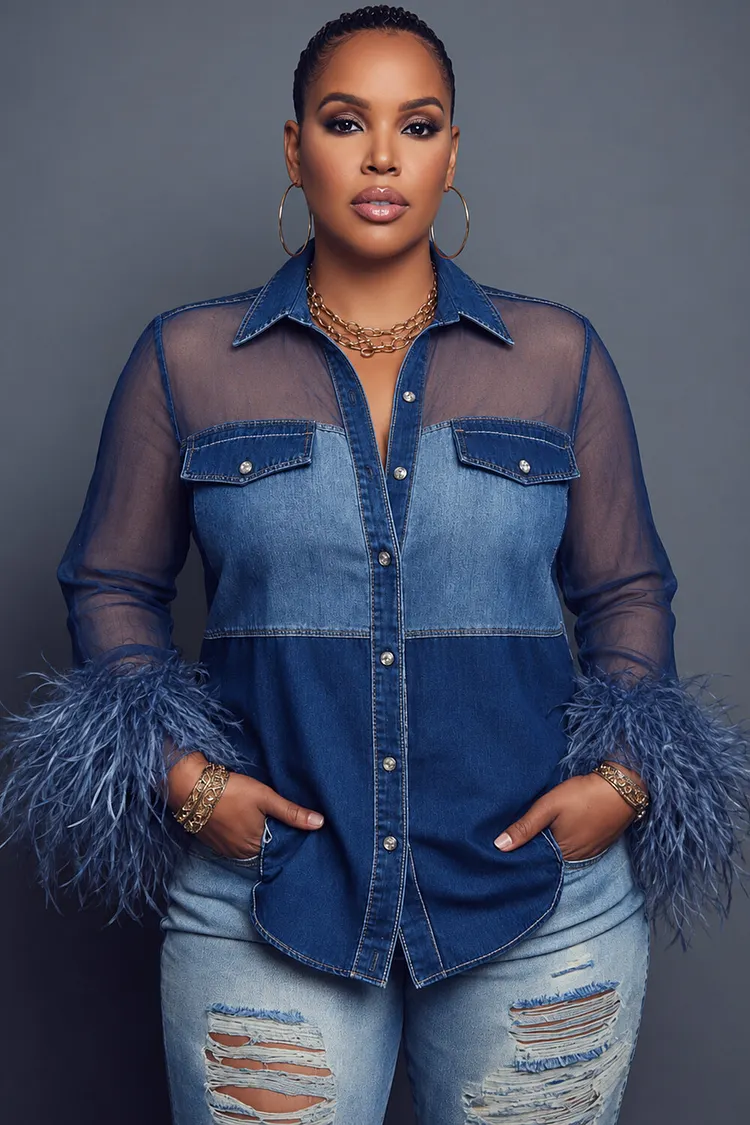 Xpluswear Design Plus Size Party Denim Blue Shirt Collar Long Sleeve Feather See Through Tulle Blouses [Pre-Order] 2024 - Xpluswear
