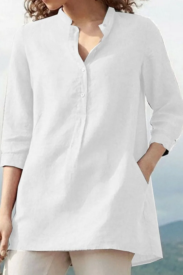 Stand Collar Half Button Linen Casual Shirt