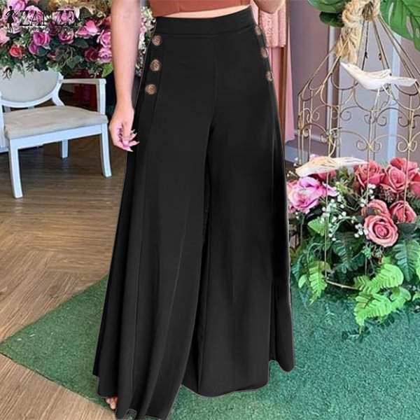Women Fashion Trousers High Waist Elegant Ladies Cotton Plain Ladies Wide Legs Long Pants - Shop Trendy Women's Clothing | LoverChic