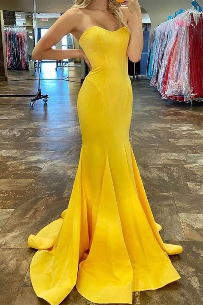 Gelbe Meerjungfrau Langes trägerloses Abendkleid PD0393 Lunass