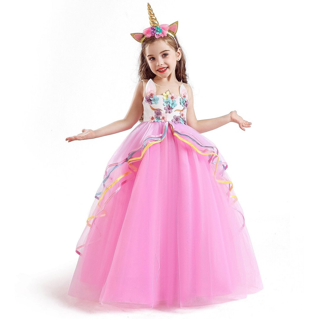Flower Unicorn Tutu Dress for Little Girl with Headband Birthday Party Rainbow Long Gown Baby Children Fancy Wedding Dress