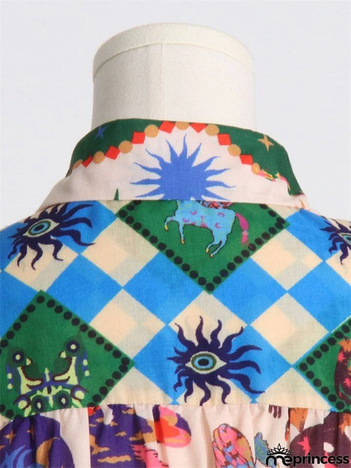 Bohemian Casual Lapel Button Lantern Sleeve Printed Ladies Dress