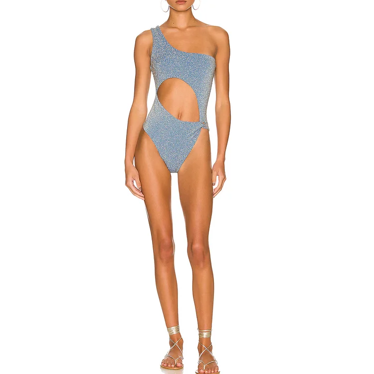 Vioye Pearl Shoulder Strap Cutout Shiny Texture One Piece Swimsuit and Dress