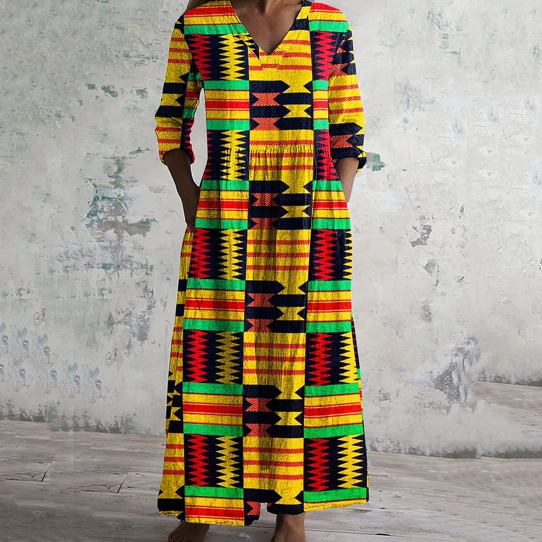 Vintage Juneteenth Black Pride African Pattern Authentic Kente Geometric Art Women's Linen Dress