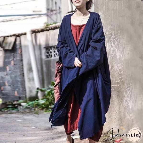 Women Cotton Linen Bandage Trench Coat V-Neck Vintage Cardigan Irregular Clothes Trench