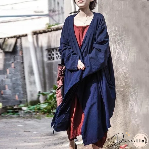 Women Cotton Linen Bandage Trench Coat V-Neck Vintage Cardigan Irregular Clothes Trench