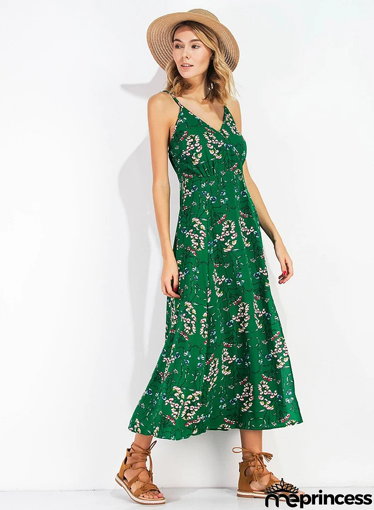 Spaghetti Strap Sleeveless High Waist Floral Printed Split Bohemian Dress