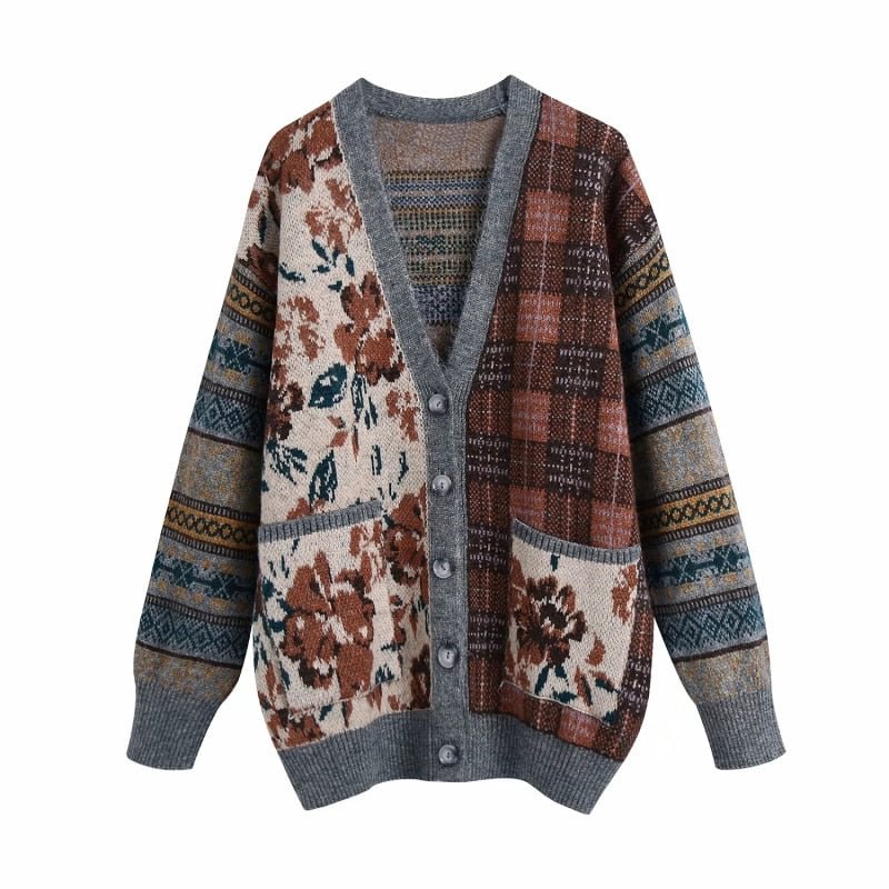 Vintage Chic Floral Plaid Patchwork Cardigans Women Fashion Pockets Buttons V-Neck Sweaters Female Casual Jumpers