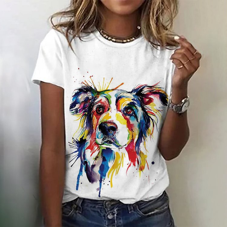 Crew Neck Oil Painting Dog Print Short Sleeve T-Shirt