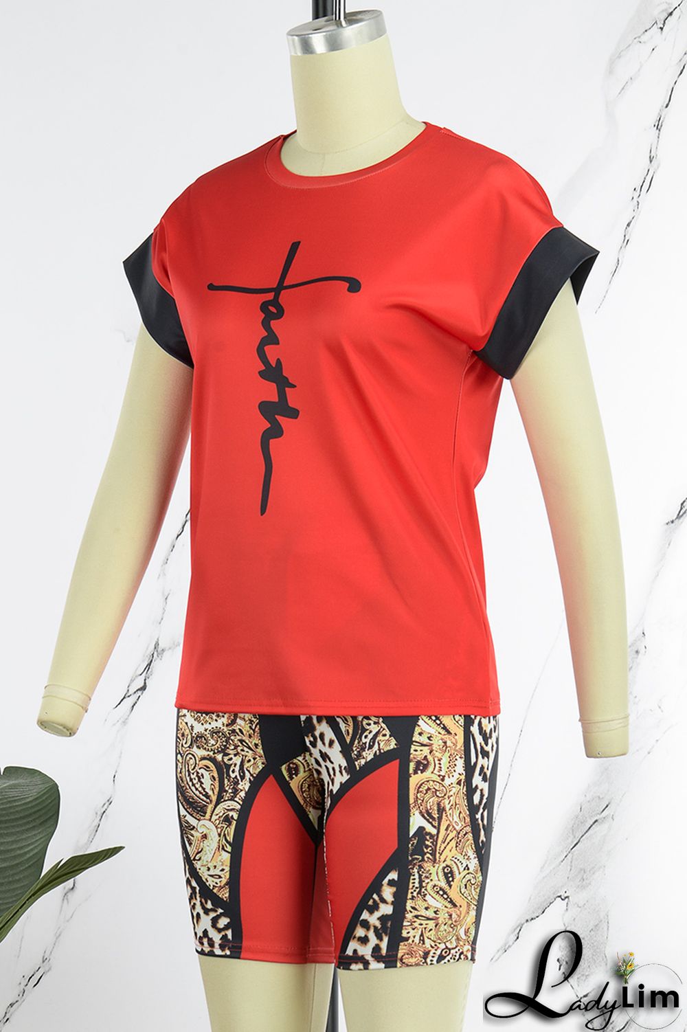 Green Casual Print Patchwork O Neck Short Sleeve Two Pieces