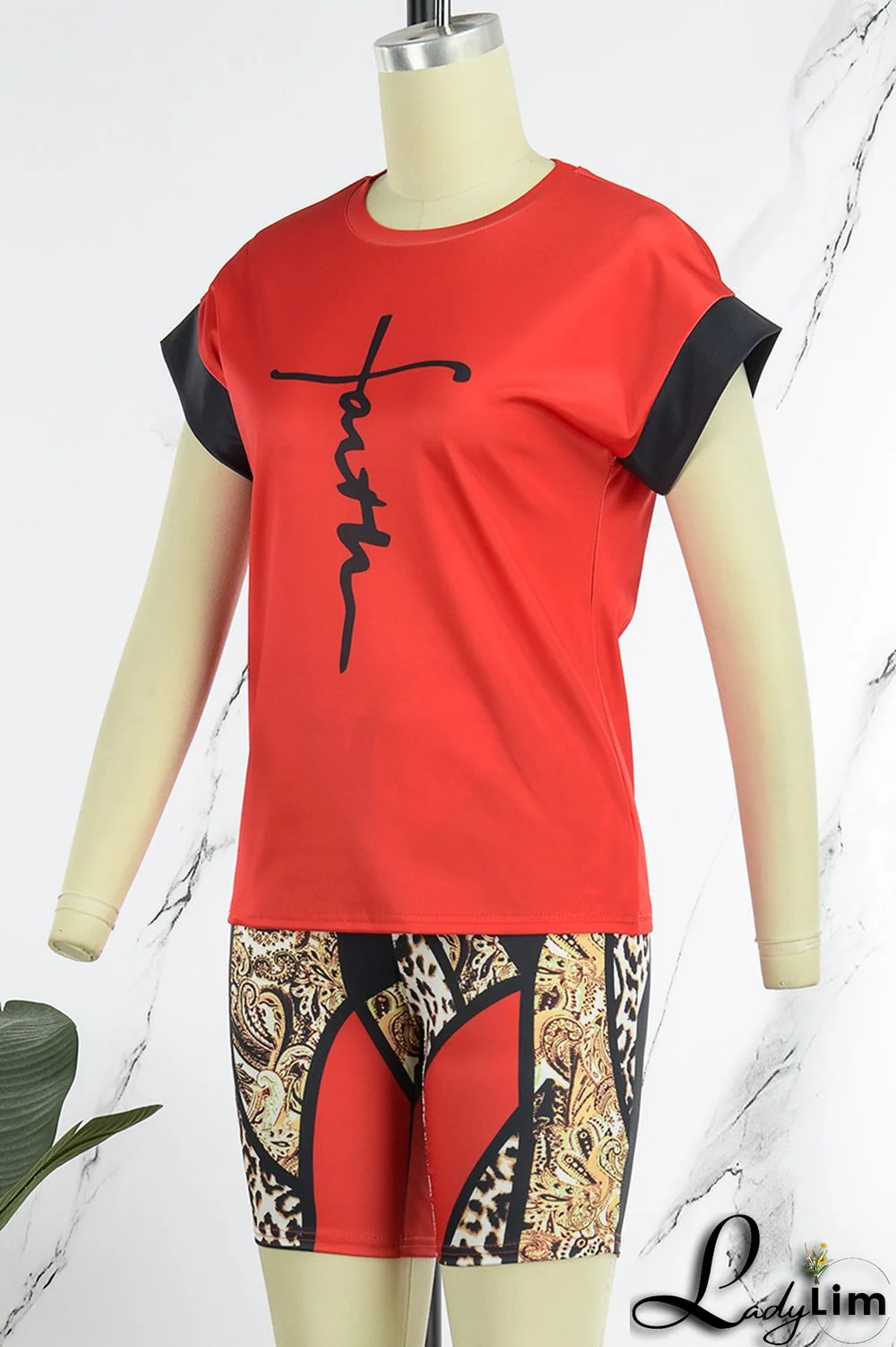 Green Casual Print Patchwork O Neck Short Sleeve Two Pieces