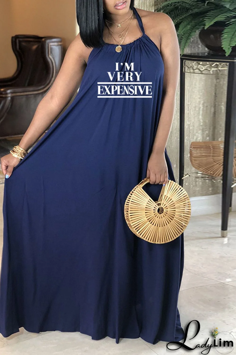 Black Sexy Print Split Joint Backless Halter Straight Dresses