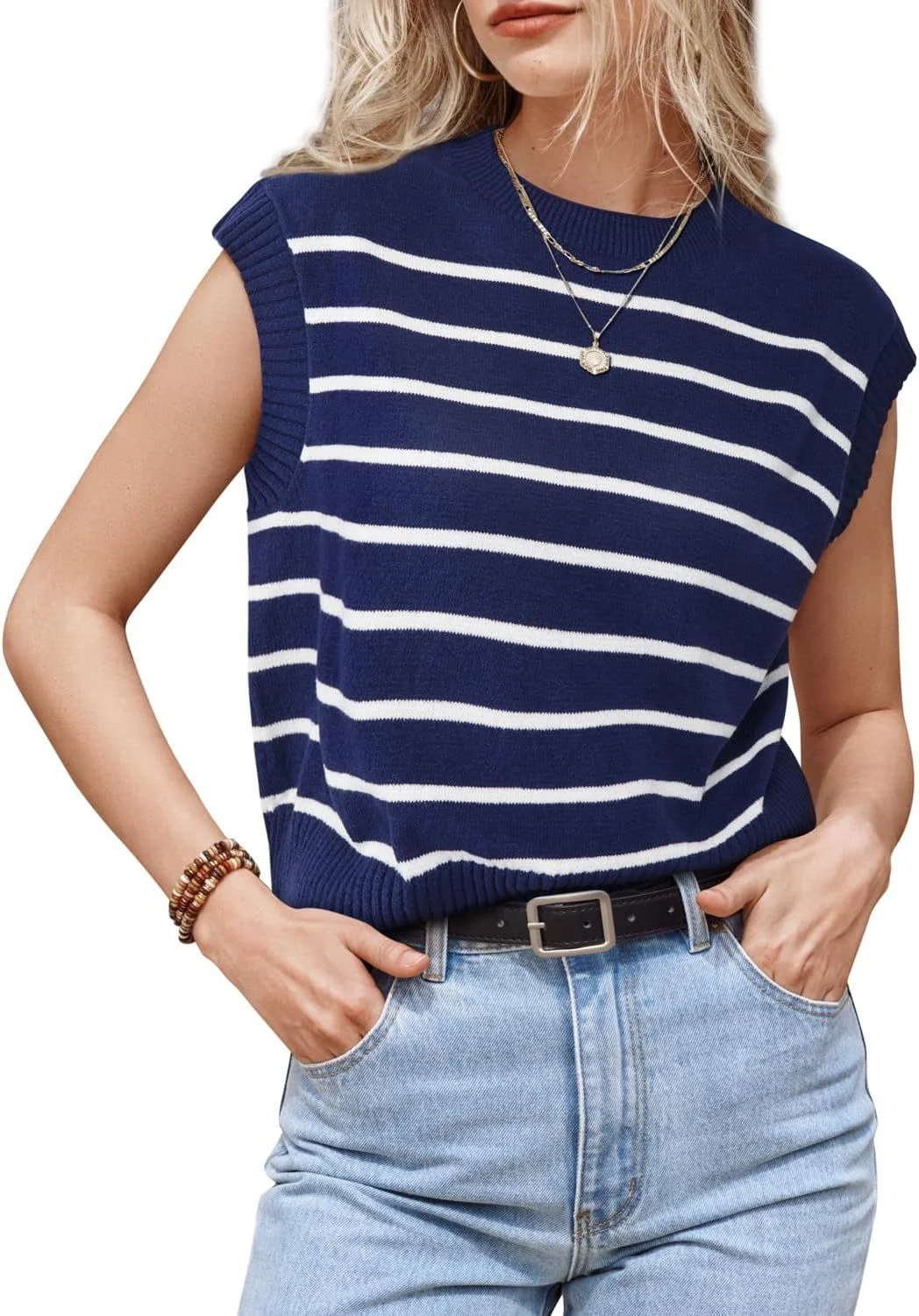 Wongn Wongn Spring And Summer Women Sleeveless Vest Round Neck Striped Knit Jumper Casual Women's Sweater