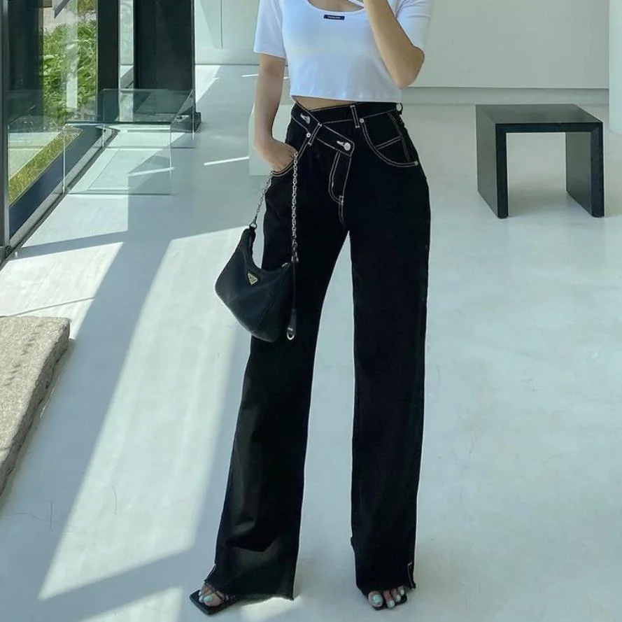Irregular Baggy Jeans Women Streetwear Korean Chic Black Denim Straight Pants Woman Loose Y2k Jeans for Women Mom Bottom