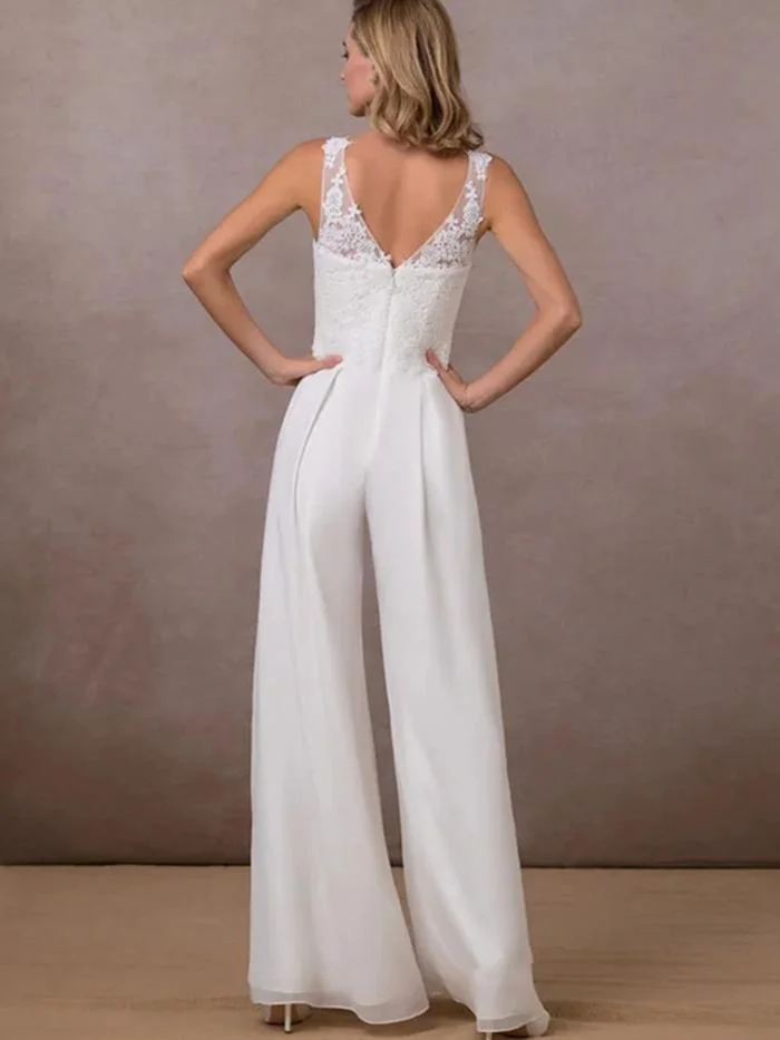 Sexy Chiffon V-neck Mid-rise White Jumpsuit