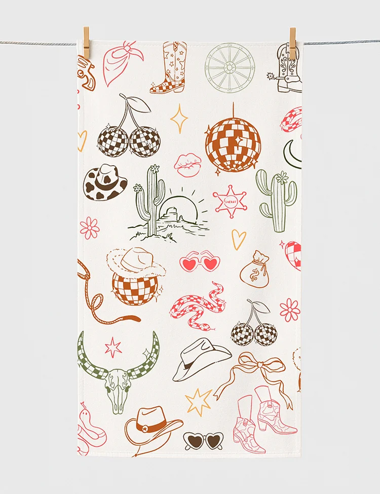 Western Cowgirl Bachelorette Hand-Drawn Wild West Disco Print Beach Towel