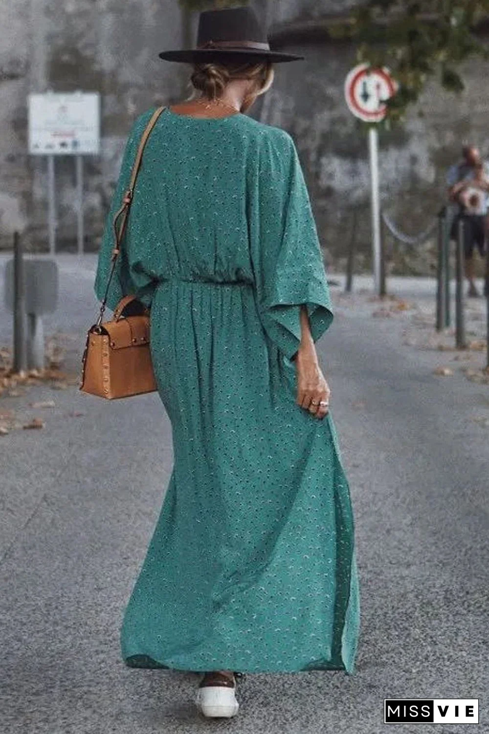 Elastic Waist High Slit V-Neck Dress