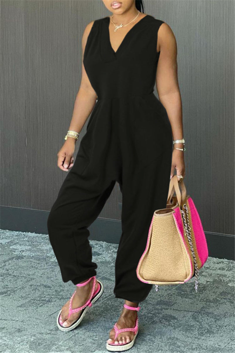 V-Neck Sleeveless Pocket Demin Jumpsuit