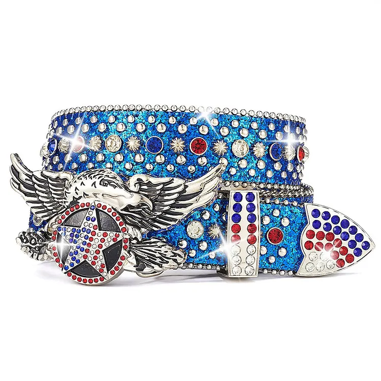 Unisex Independence Day Star Eagle Full Diamond Metal Buckle Belt