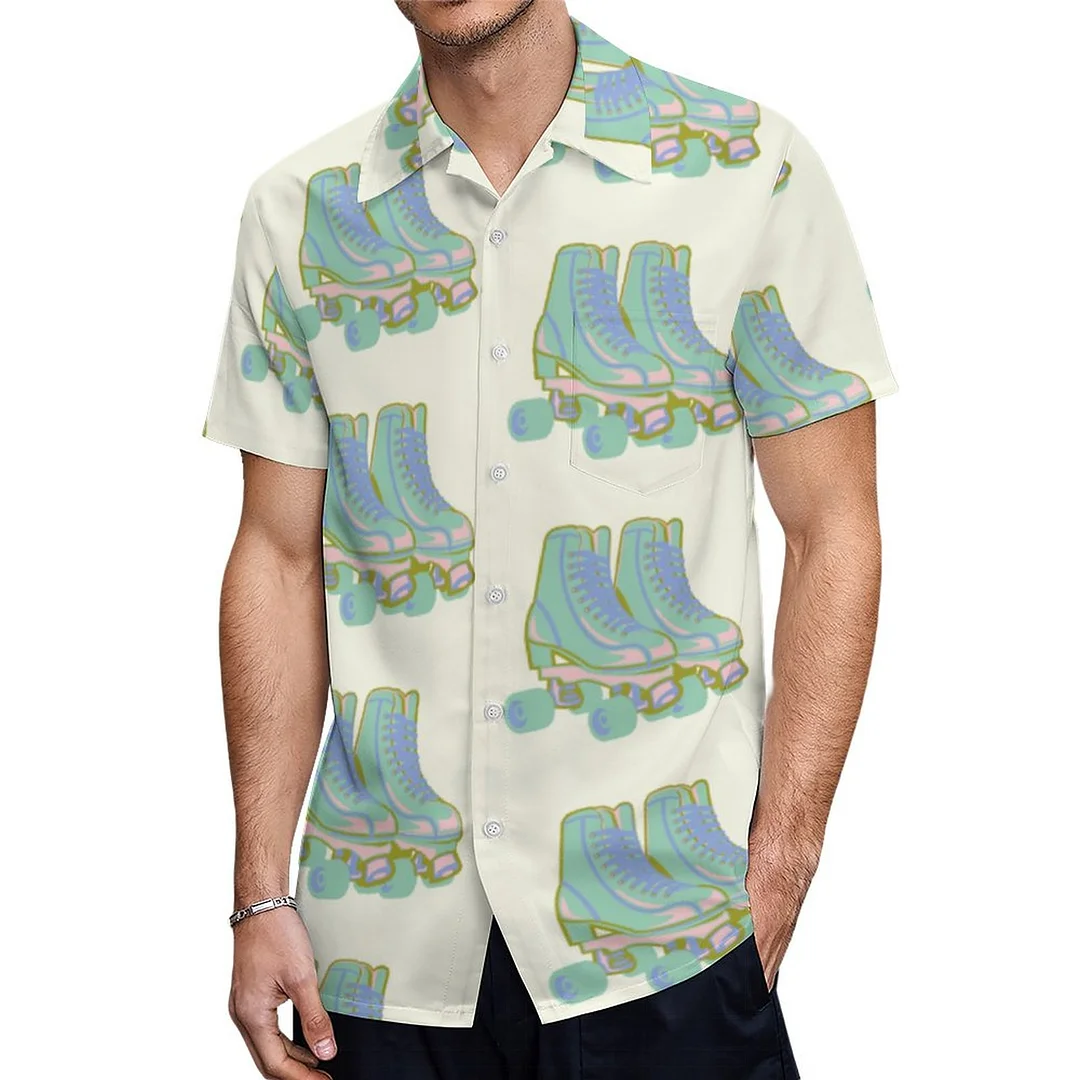 Short Sleeve Retro 80S Roller Skates Hawaiian Shirt Mens Button Down Plus Size Tropical Hawaii Beach Shirts