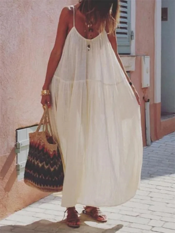 Long Skirt Solid Color Stitching Cotton and Linen Sleeveless Sling Dress | EGEMISS